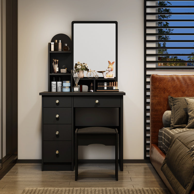 Bureau de coiffeuse moderne avec miroir, 5 tiroirs, tablettes et tabouret assorti, coiffeuse à maquillage, Jaune