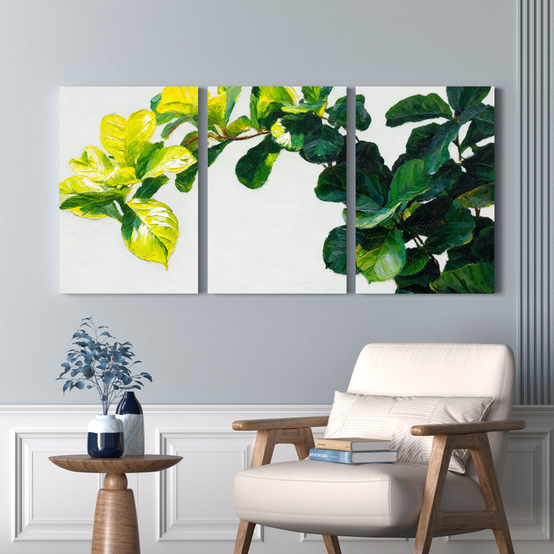 Ensemble de 3 tableaux sur toile à motif de feuilles vertes, idéal pour la décoration du salon et de la chambre.