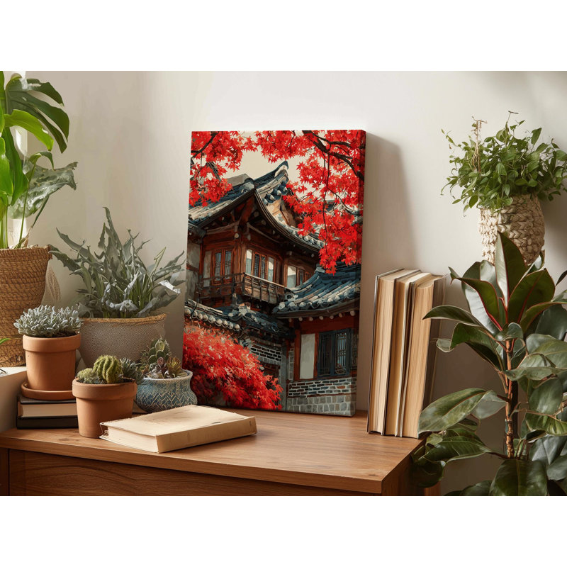 Art coréen, art de la maison coréenne, peinture Hanok traditionnelle avec des feuilles d'érable rouges, architecture asiatique sereine