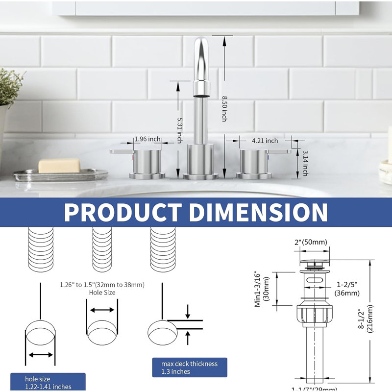 Robinet de salle de bain 8 pouces à 2 poignées avec finition, bec pivotant à 360 ° et système d'économie d'eau pour lavabo public à 3 trous avec système de rotation, système, salle de bain