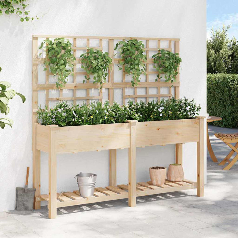 Garden Planter with Shelf Solid Fir Wood Outdoor Rectangular Box, 152.5cmH x 161cmW x 46cmD, Beige