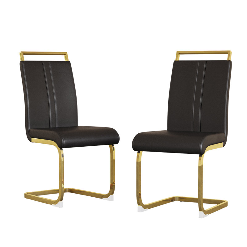 Luxury Faux Leather Dining Chair, Set of 2 Gold Chromed C Shaped Chairs, Cantilever Dining Chairs with Stainless Steel, Black