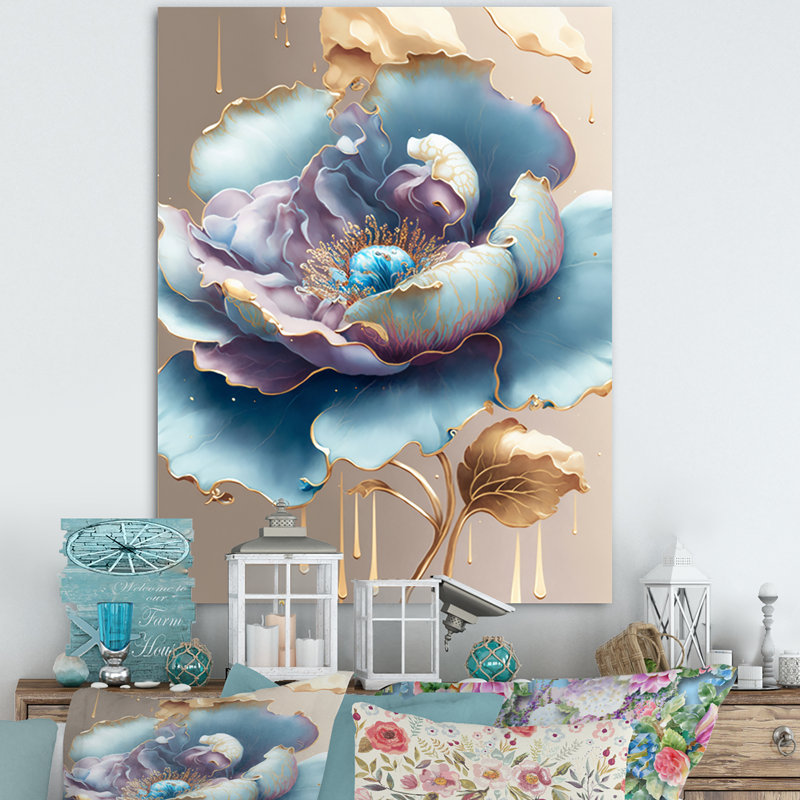 Glace bleue et mauve, aquarelle, fleur III - Impression sur toile, H 32 po x l 16 po x P 1 po, Toile tendue