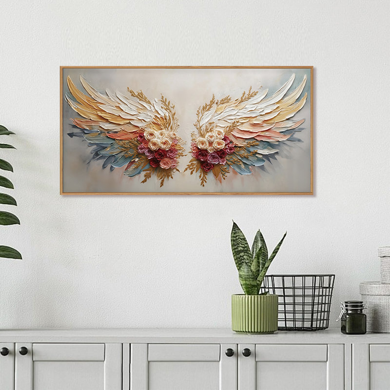 Art mural de grandes ailes d'ange, art mural avec ailes florales artistiques, dessin d'anges avec fleurs