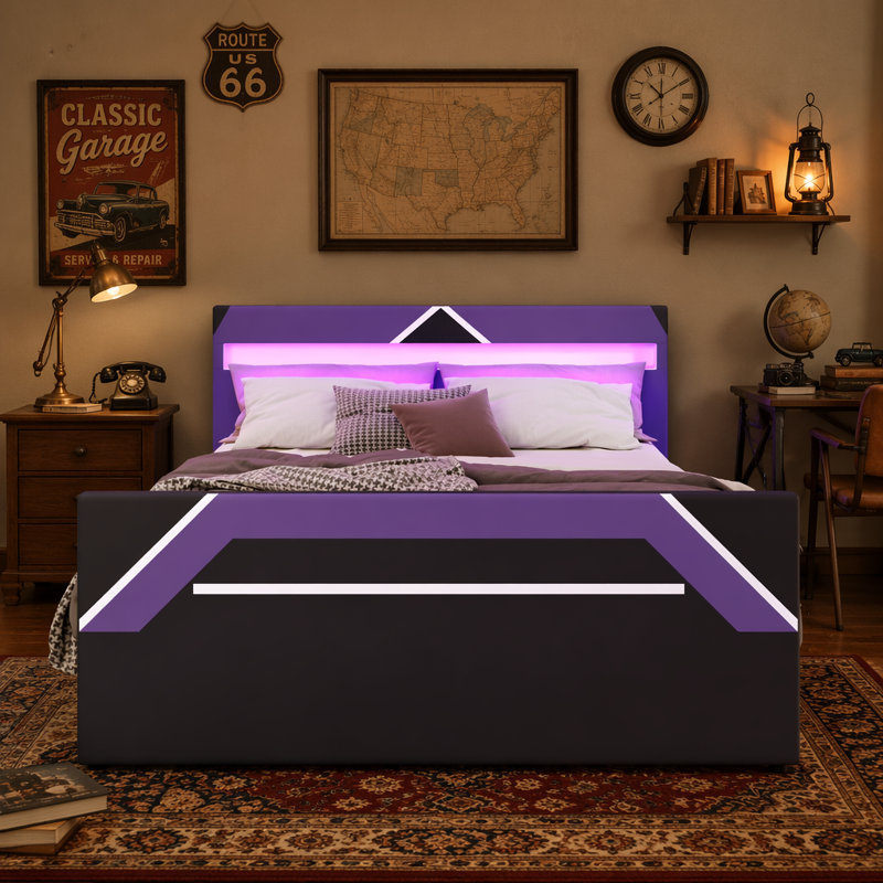Lit plateforme avec tête de lit à DEL 7 couleurs intégrée, Purple+Black