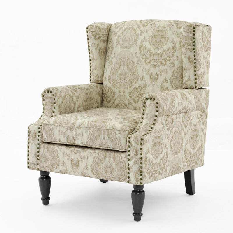 Upholstered Accent Chair, Damask White Polyester/Walnut