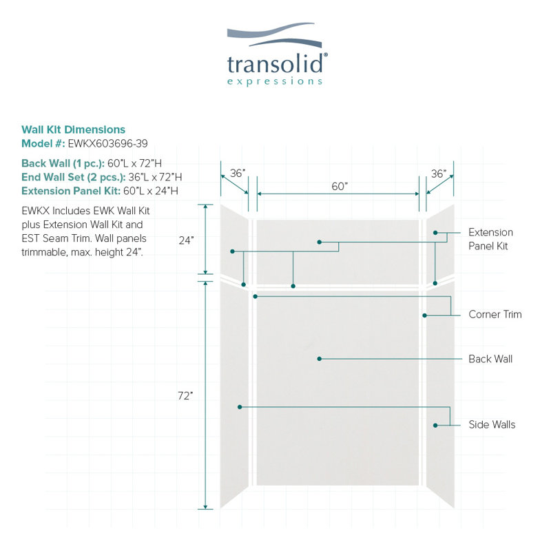 Expressions 60'' W 36'' D 96'' H Glue Up Solid Surface Wall, Gray