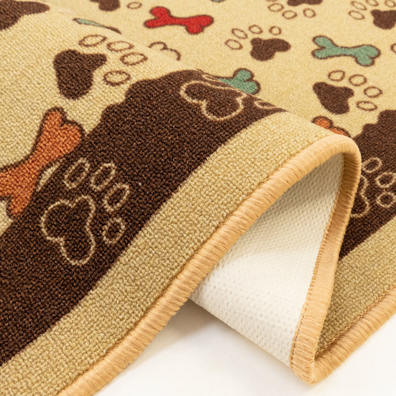 Custom Size Anti-Slip Low Profile Loop Pile Pet Paw and Bone Beige Animal Design Runner Rug, Rectangle 2'8" x 5'