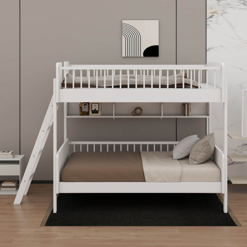 Lit superposé simple en bois avec 3 tablettes de rangement, Blanc