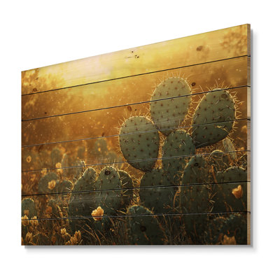 Cactus dans la lumière dorée I - Art mural en bois floral cactus - sur bois de pin naturel