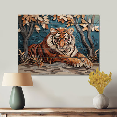 Tigers Majestic Regal Pose - Tiger Animal Wooden Wall Art On Natural Pine Wood