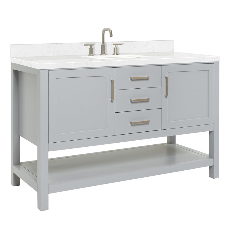 Meuble-lavabo simple avec plateau en quartz Abby, Bleu minuit, L 54 po, Quartz blanc de Carrare