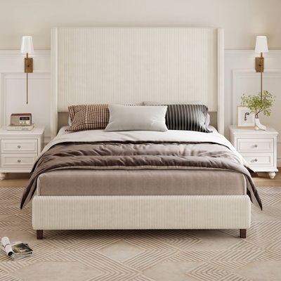 Corduroy Upholstered King Size Bed Frame With Wingback Headboard