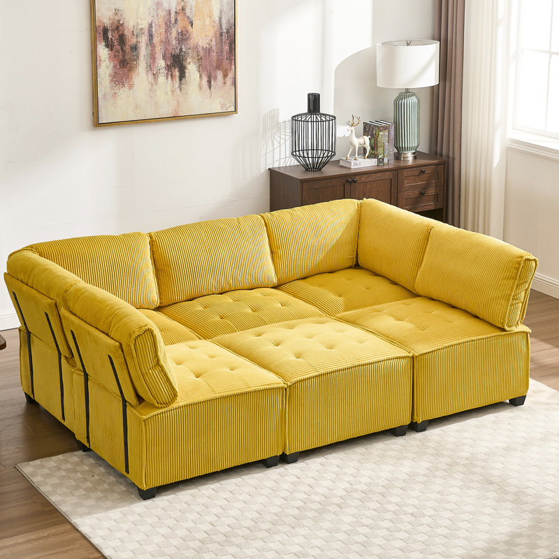 Canapé modulaire de luxe, 6 pièces, mousse à rayures, velours côtelé jaune, salon, Jaune