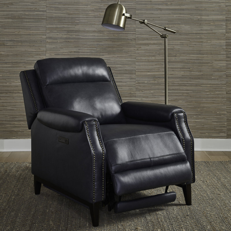 Jodena Leather Recliner w/ Nailhead Trim, Power - Push Button, Navy Leather