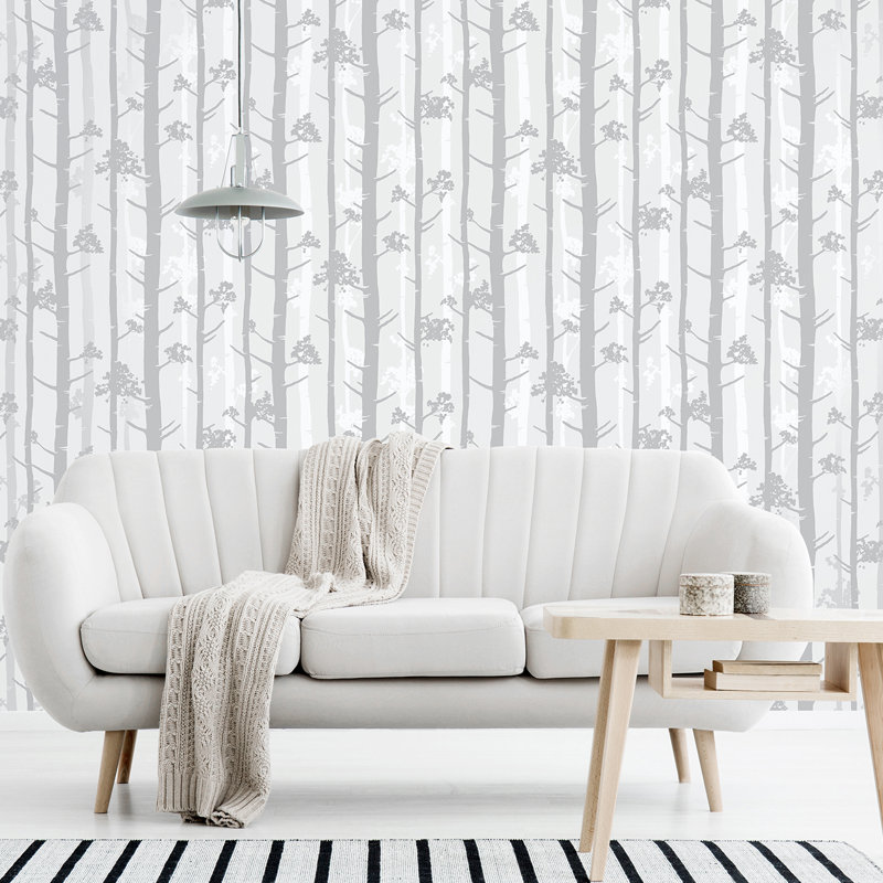 Fontenay Birch Tree 0.065m x 52cm Semi-Gloss Wallpaper Roll, Grey