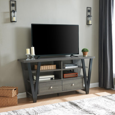 60 - 69 Inch Tv Tall Stand, 2 Drawers & Shelf , Grey Black Finish Drawer Tier And Black, Construct Stand