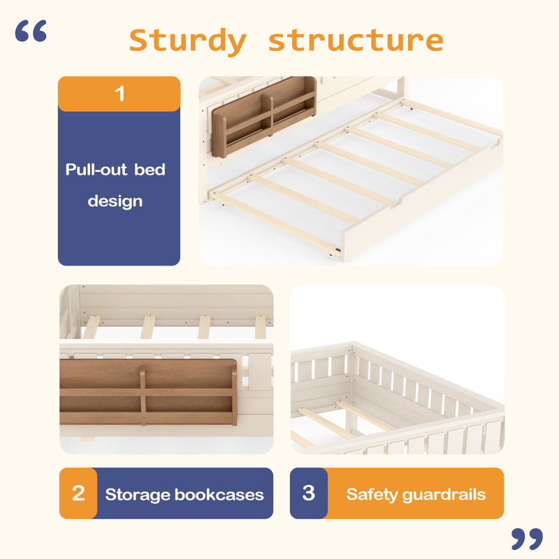 Grand avec bibliothèque intégrée et petit escalier, rails de sécurité de haute qualité et lit gigogne, Beige