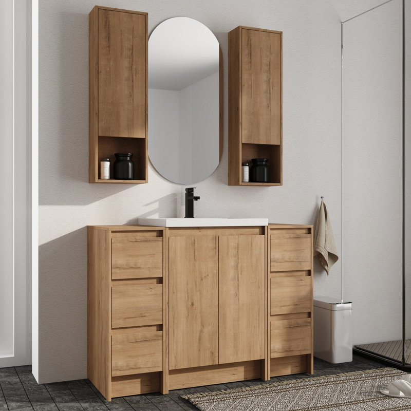 Ensemble de meuble-lavabo simple autoportant 48 po avec plateau de meuble-lavabo en résine Vowar et 12 po de rangement mural pour salle de bain