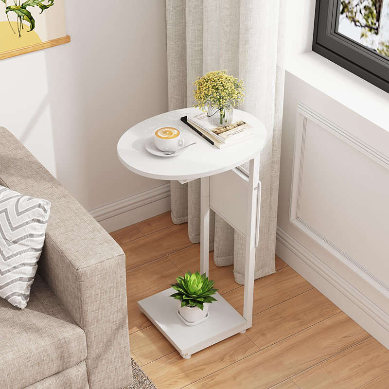C Shaped End Table For Couch, Side Table For Couch, Small Couch Side Table For Small Spaces, Slide Under Sofa Table TV Tray With Metal Frame For Living Room, Bedroom (White)