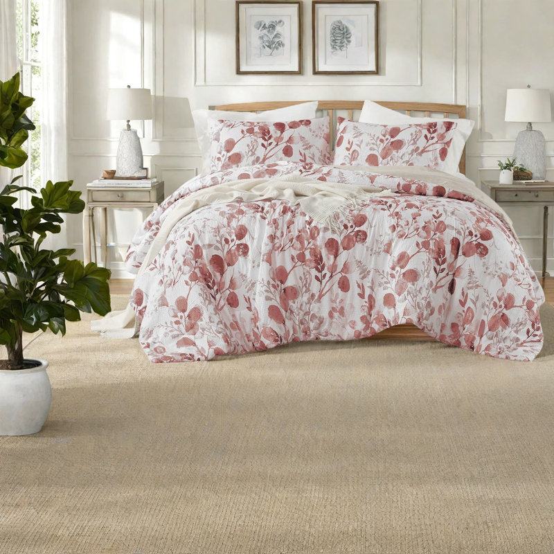 Premium Floral Bedding Set, Microfiber Comforter With Seersucker Texture