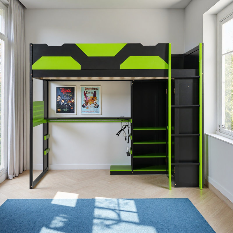 Lit mezzanine double en bois avec bureau, Vert