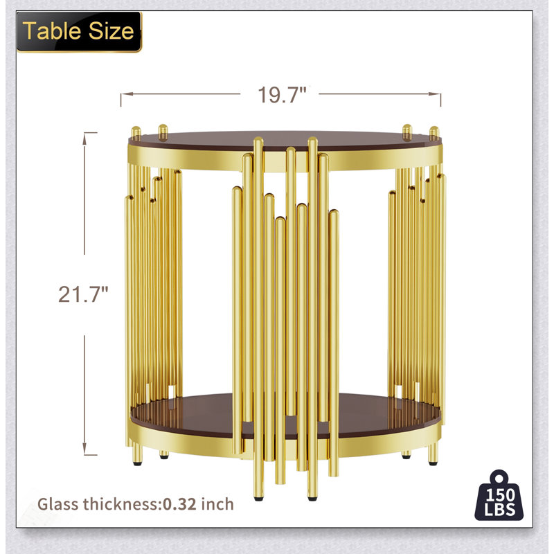 Table de bout de luxe moderne de 19,69 pouces avec pieds en acier inoxydable et brun de 8 mm pour le salon