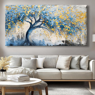 Art mural arbre de vie bleu, toile abstraite, image texturée, paysage moderne, encadrée pour le salon, la chambre, la salle de bain, le bureau, la décoration intérieure, 40 x 20 po