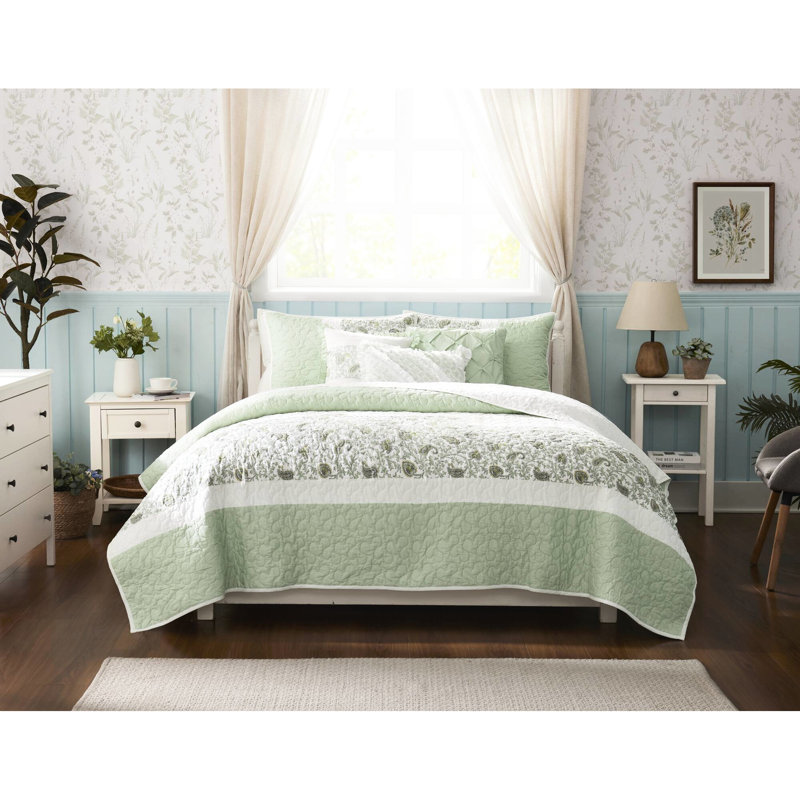 6 courtepointe sauge avec coussins décoratifs - double / grand, coton et literie élégante