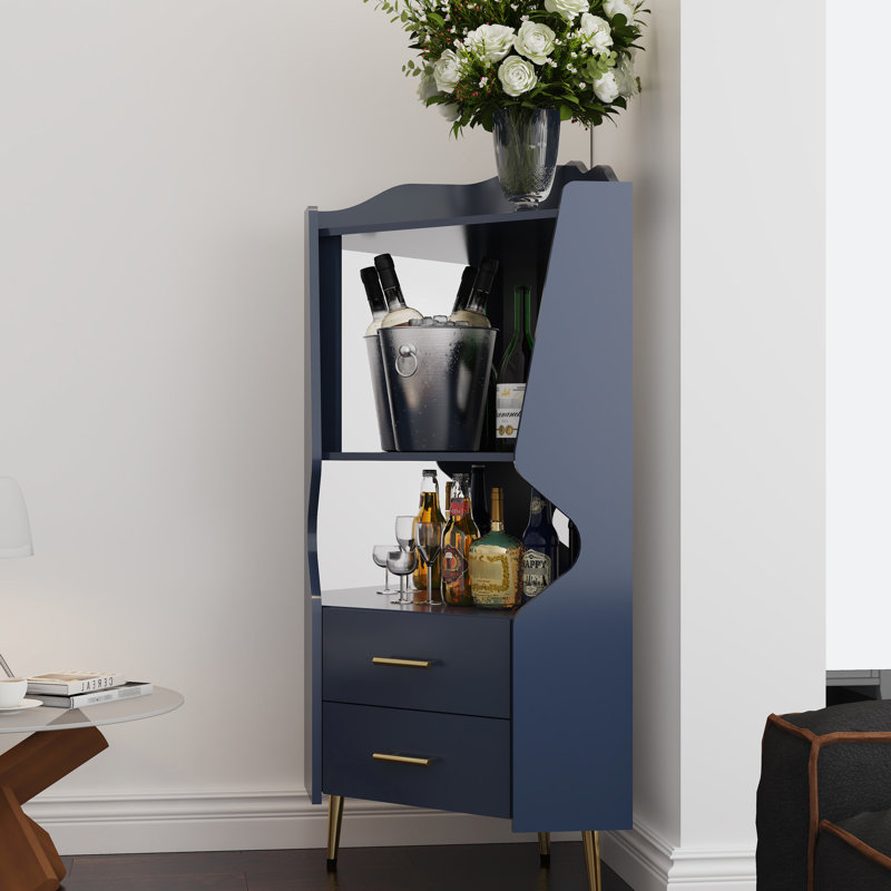 Buffet d'angle à fond miroir bleu, rangement pour bouteilles de vin et petits objets, meuble haut facile d'entretien, 2 étagères ouvertes (verrerie incluse), tiroirs pour petits objets, agencement stable