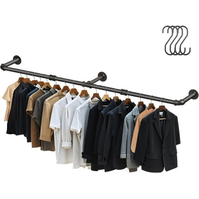 64.9In Industrial Pipe Wall Mounted Clothes Rack, Heavy Duty Detachable Iron Garment Bar, Rustic Space-Saving Hanging Rod For Bedroom, Closet – Black