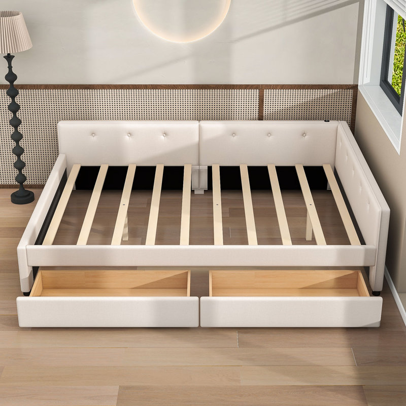 Two Drawers Upholstered Daybeds with USB, Queen