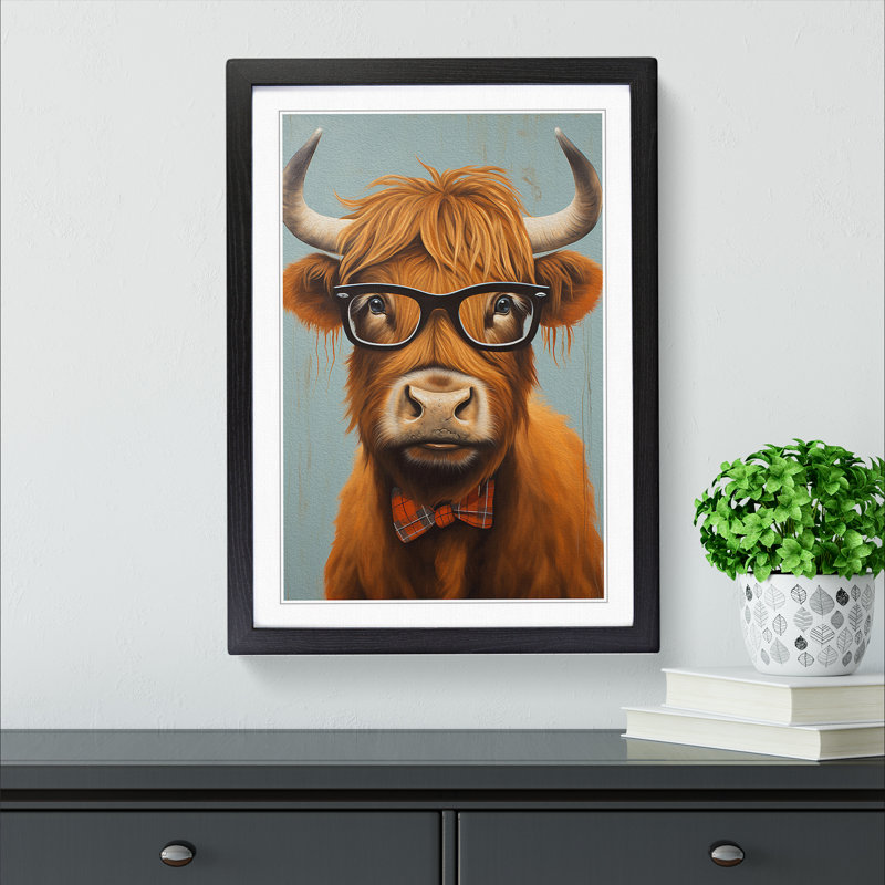 Highland Cow With Glasses Painting - Single Picture Frame Print on Wood, Black Framed, 46cm H x 34cm W x 2cm D