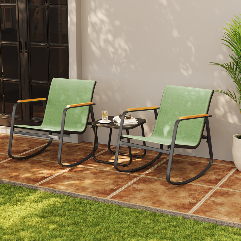 3 Piece Outdoor Patio Set with PVC-coated polyester Rocking Chairs and Solid Wood Armrests, Green