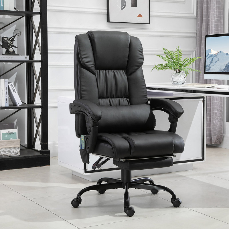 High Back Massage Office Chair With 6 Vibration Points, PU Leather Reclining Computer Chair, Ergonomic Office Chair With Footrest Adjustable Height And Remote, Black