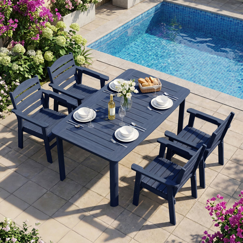 5 Piece Outdoor HDPE Dining Set, All-Weather Patio Table and Chairs W/ Umbrella Hole, Low Maintenance for Porch, Backyard