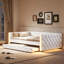 Lit de jour rembourré double TG avec couchette et lumières DEL, structure de canapé-lit capitonnée en similicuir blanc, aucun sommier tapissier nécessaire