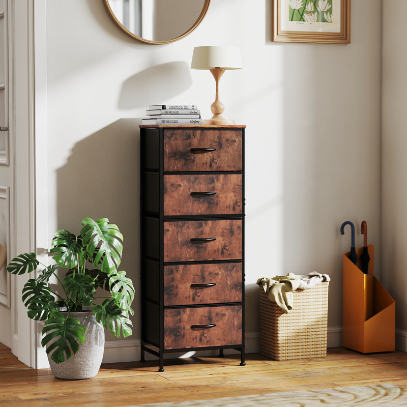 Commode à 5 tiroirs en tissu, commode de rangement verticale avec plateau en bois, grand rangement, Brun rustique