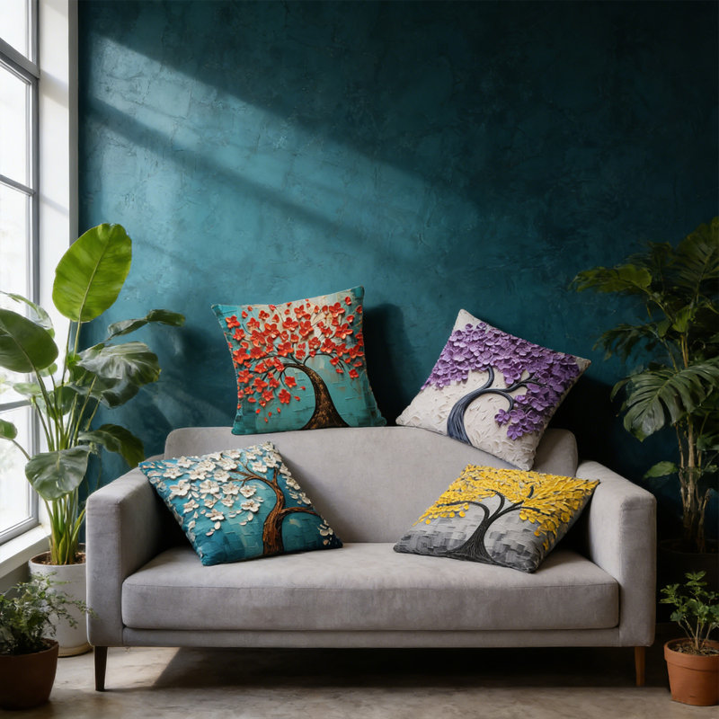 Vintage Oil Painting Tree Throw Pillow Cover Set of 4, Flower Oil Painting Throw Pillow Covers, Square Home Decorative Cushion Cover for Sofa Couch Car (No pillow)