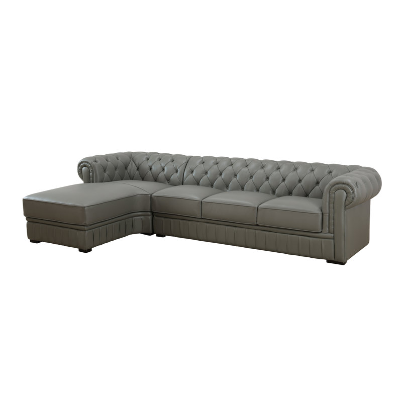 Dzeisonas Leather L-Shaped Sectional, Gray Leather, Left Hand Facing