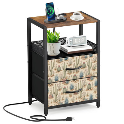 Table de chevet 2 tiroirs en tissu avec station de charge Plantes grasses du désert Doux tons neutres Cactus floral Table de chevet avec tablettes ouvertes Ports et prises USB