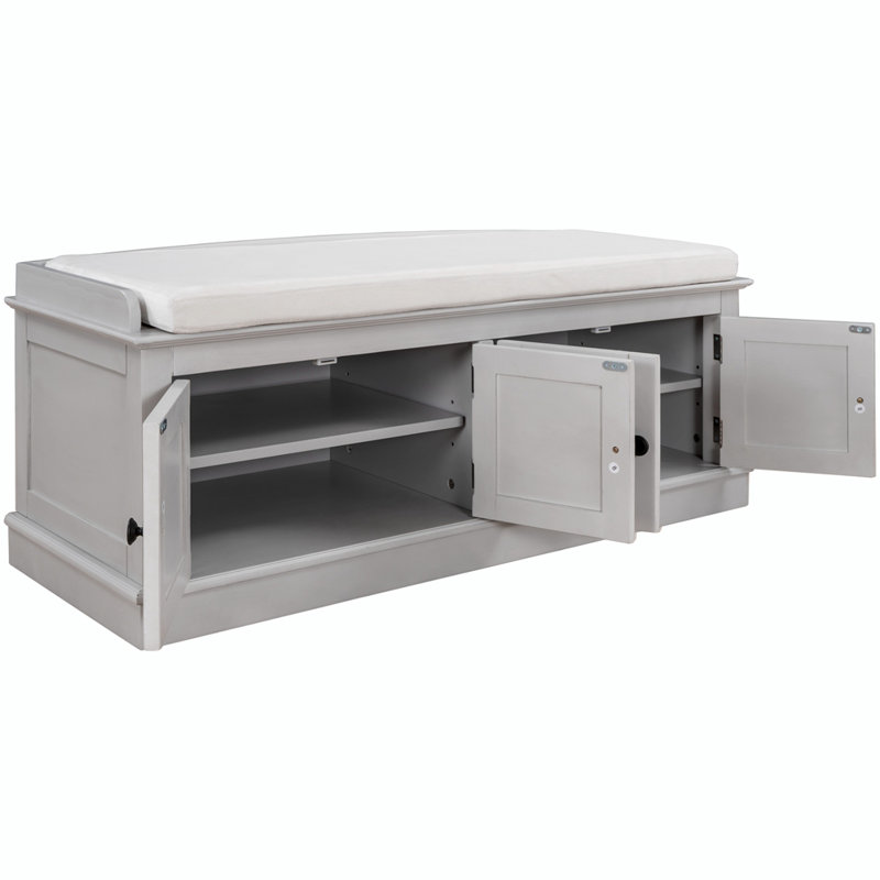Elegant Storage Bench Entryway Bench Upholstered Bench with 4 Doors and Adjustable Shelves, White