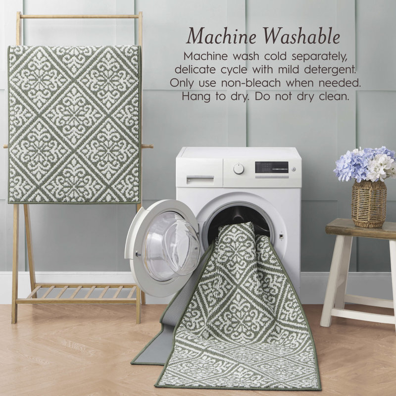 Austell Machine Woven Synthetic Geometric Area Rug in Green/White, Runner 2'2" x 6', Natural/Sage