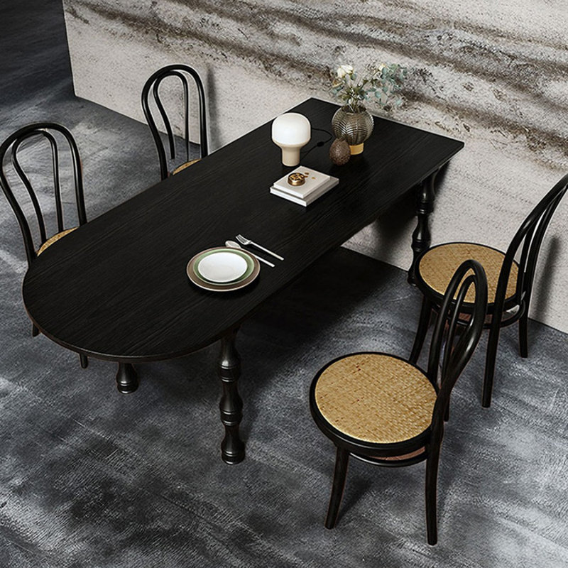 Black Half-circle Solid Wood Dining Table, 29.53"H x 27.56"L x 55.12"W