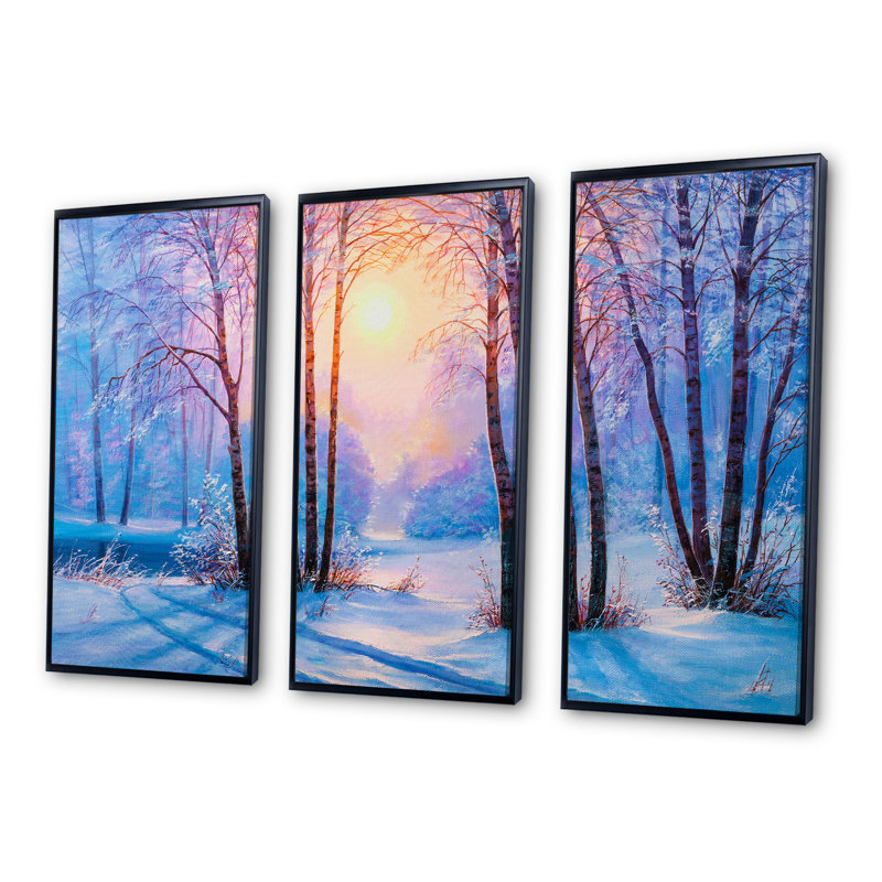 «Warm Sunshine Reflection over Winter Forest River III», reproduction de photo sur toile 3 pièces, H 28 po x l 36 po x P 1 po