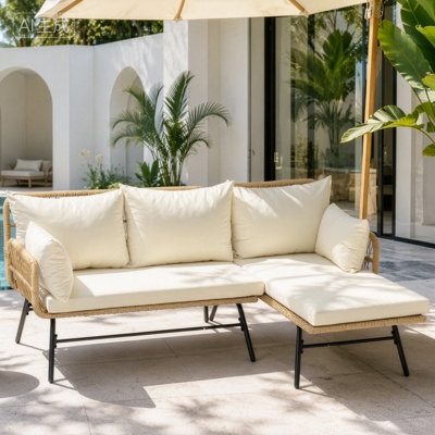 3 - Person Outdoor Boho Wicker Patio Conversation Set L-Shaped Sofa with Cushions
