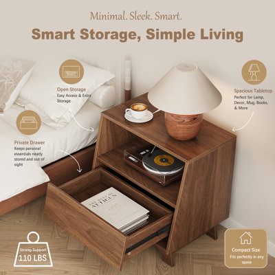 Mid-Century Wood Nightstand, Modern Bedroom Side Table with Drawer, Open Storage and Cable Hole, Stable Curved Legs Bedside Cabinet