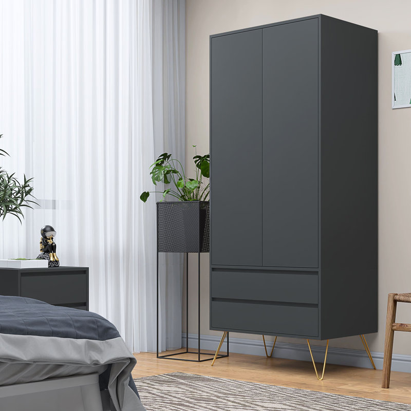 Almaas 2 Door Manufactured Wood Wardrobe, Gray, 186cm H x 76.5cm W x 53cm D