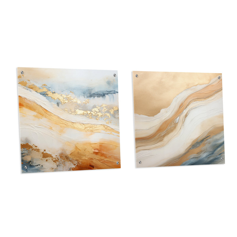 Or et bleu plage sable Fusion III - ensemble d'art mural en verre acrylique bord de mer, H 16 po x l 33 po