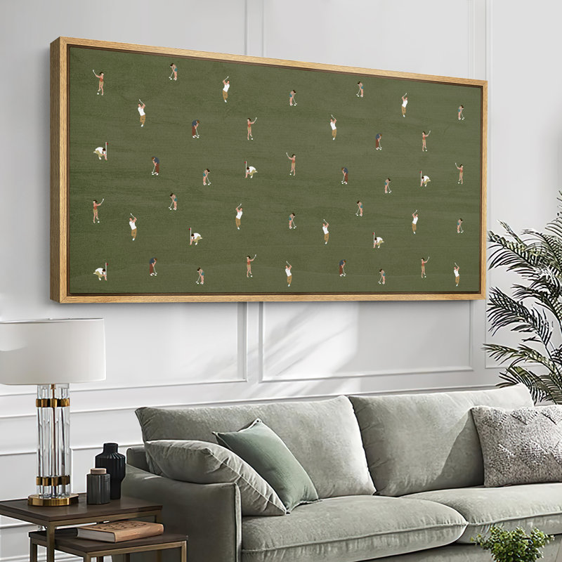 «Whimsical Golfers on Green», impression sur toile encadrée, décor Mid-Century ludique, H 30 po x l 60 po, Naturel